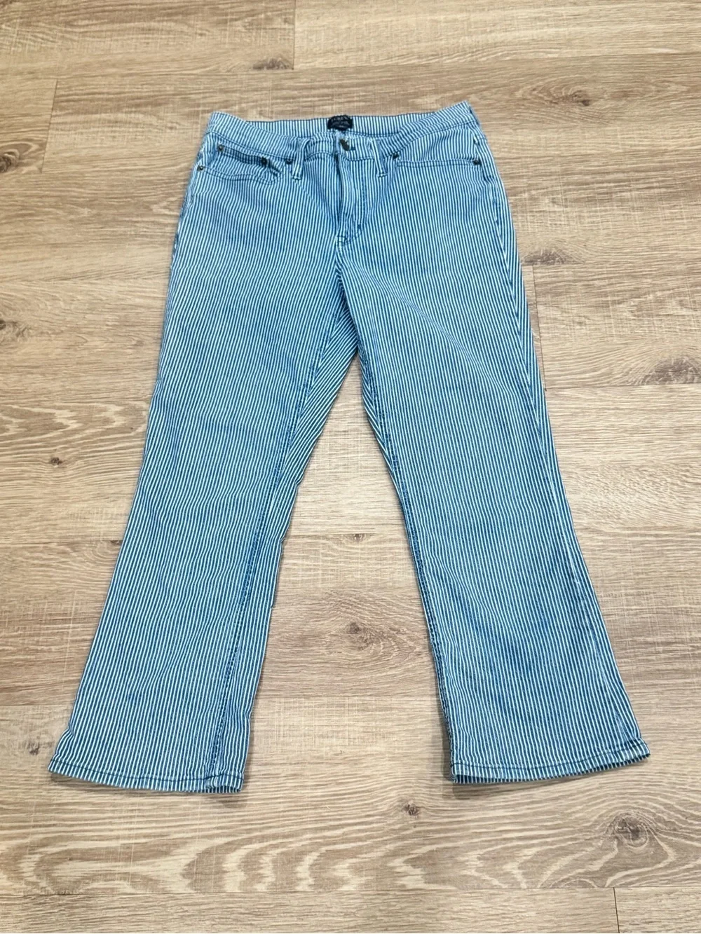 J.Crew High Rise Crop Flare Railroad Stripe Jeans Size 29 Blue White Denim
